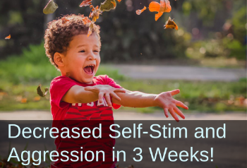 Little boy playing in the autumn leaves. Text: Decreased self-stim and aggression in 3 weeks!