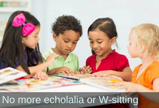 Preschool boy working on an art project with classmates. Text: No more echolalia or W-sitting