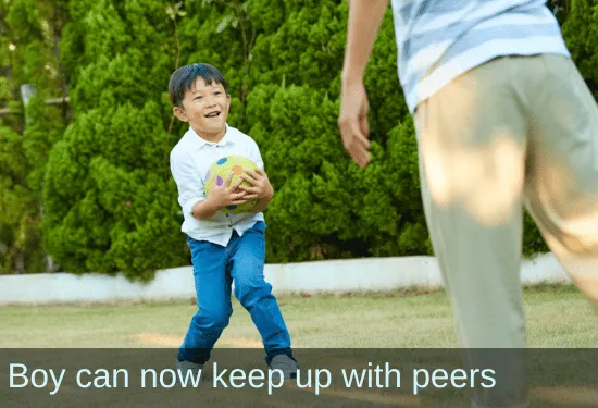 Young boy catching ball. Text: Boy can now throw with peers.