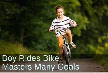 Young boy riding a bike. Text: Boy rides bike, masters many goals