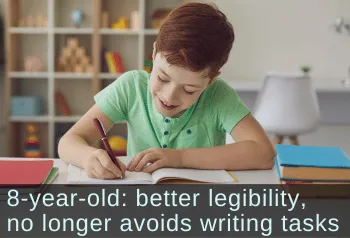 Smiling boy writing. 8-year-old: better legibility, no longer avoids writing tasks