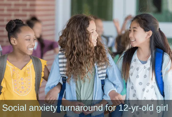 Three teen girls chatting in a school hallway. Text: Social anxiety turnarounf for 12-year-old girl.