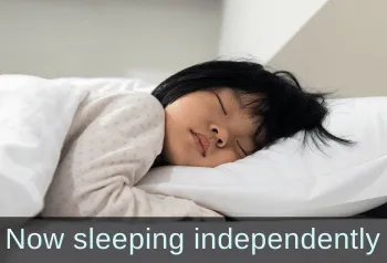 Little girl peacefully sleeping. Text: Now sleeping independently.