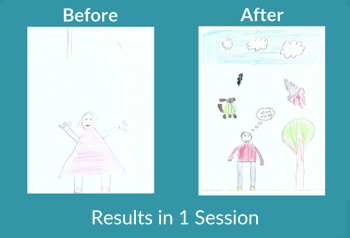 Before and After examples of drawings with the After version much more detailed and colorful. Text: Results in 1 Session.