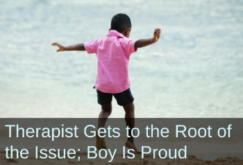 Little boy playing in the waves. Text: Therapist gets to the root of the issue; Boy is proud.