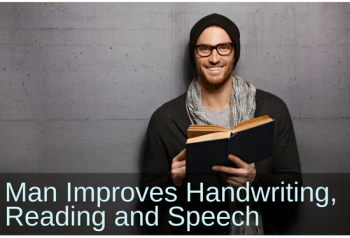 Smiling man holding book. Text: Man improves handwriting, reading, and speech.