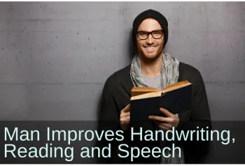 Man wearing glasses holding a book and smiling. Text: Better concentration, Less stuttering and college plans.