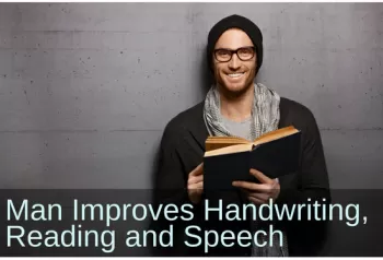 Man wearing glasses holding a book and smiling. Text: Better concentration, Less stuttering and college plans.