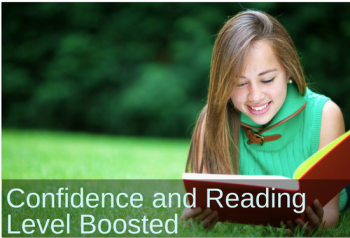 Photo girl reading book. Text: Preteen's self-confidence is boosted, as well as her reading level.