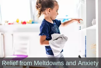 Helpful girl drying dishes. Text: Relief from meltdowns and anxiety.