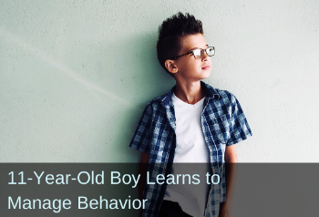 Pre-teen boy looking into distance. Text: 11-Year-Old boy learns to manage behavior.