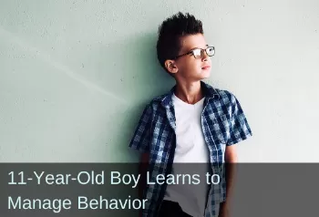 Pre-teen boy looking into distance. Text: 11-Year-Old boy learns to manage behavior.