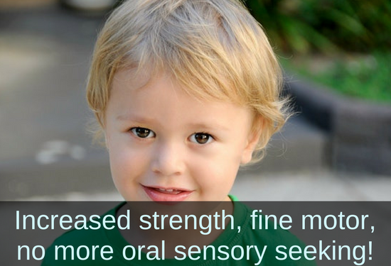 Boy looking into camera. Text: Increased strength, fine motor, no more oral sensory seeking!