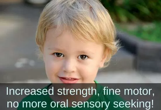 Young boy looking into camera. Text: Increased strength, fine motor, no more sensory seeking!