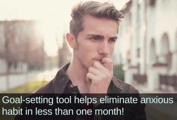 Young adult man biting his nails. Text: Goal-setting tool helps young man shed life-long anxious habit—in one month!