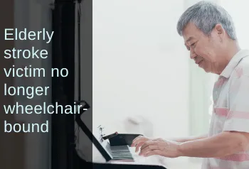 Senior man playing piano. Text: Elderly stroke victim no longer wheelchair-bound.