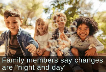 A group of children playing with bubbles. Text: Family members say changes are "night and day"