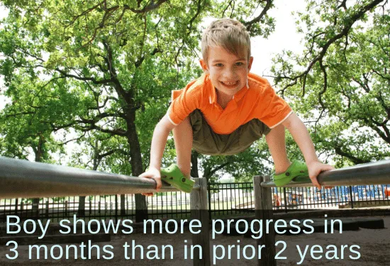 Boy in an orange shirt on top of playground equipment. Text: Boy shows more progress in 3 months than in prior 2 years