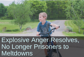 Photo young boy riding bicycle. Text: Explosive anger resolves, no longer prisoner to meltdowns.