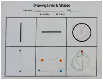 Drawing sample showing faint, disorganized lines and a circle.