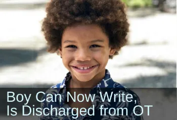 Smiling boy. Text: Boy can now write, is discharged from OT.