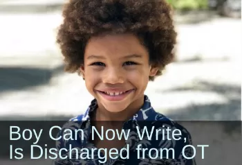 Smiling boy. Text: Boy can now write, is discharged from OT.