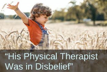 Boy joyfully flinging his arms out while playing in a field. Text: "His physical therapist was in disbelief!"