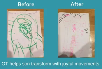 Two drawings showing 4-year-old boy's fine-motor improvement. Text: OT helps son transform with joyful movements.