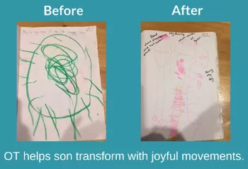 Before-and-After photos of drawings showing fine-motor improvement. Text: OT helps son transform with joyful movements.