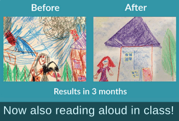  Before and after illustration showing drawing improvements. Text: Now also reading aloud in class!