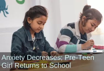 Young girl working on her homework with a friend. Text: Anxiety decreases, pre-teen girl returns to school