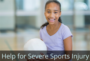 Pre-teen girl holding volleyball. Text: Help for Severe Sports Injury