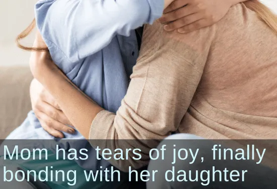 Parent and young child embracing. Text: Mom has tears of joy, finally bonding with her daughter. Links to a case study showing huge positive changes aftr using neurodevelopmental movements.