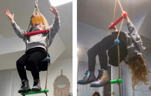 side by side images: 4 year old showing open arms and open hands on a ladder swing and bending backward on a ladder swing