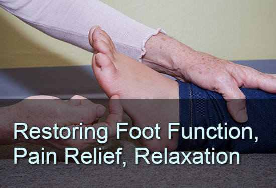 Foot reflex integration. Text: Restoring foot function, pain relief, relaxation