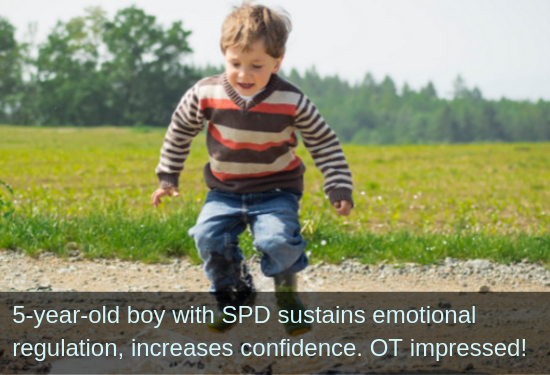 Boy happy and jumping. Text: 5-year-old boy with SPD sustains emotional regulation, increases confidence: OT impressed.