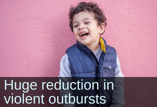Laughing boy in front of pink wall. Text: Huge reduction in violent outbursts