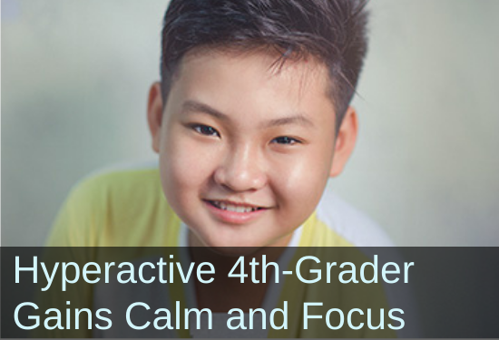 Smiling boy. Text: Hypersensitive 4th grader gains calm and focus.