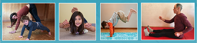 Banner of 4 photos showing various ages of individuals moving actively on the floor doing neurodevelopmental movements for primitive reflex integration