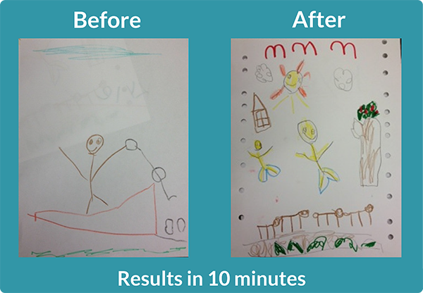 5 year old boy's before and after drawings. Text: Results in 10 minutes.