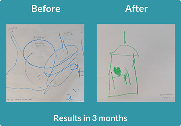 Before and After drawings of a house. Before drawing consists of big swirls. After is an obvious building.