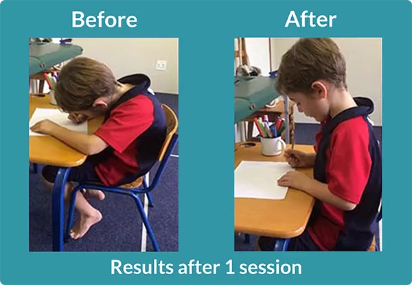 Young boy sitting slumped at a desk writing, and sitting up straight at same desk 15 minutes later.