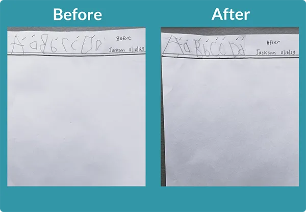 Handwriting before and after neurdevelopmental movements. The "before" writing is unsteady, with some letters backward or incompletely formed. The "after" writing is steady, with letters well-spaced, completely formed, and all facing the correct direction. Text: Results in one session.