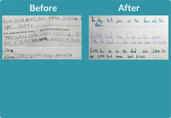 Two images of handwriting samples on lined paper
