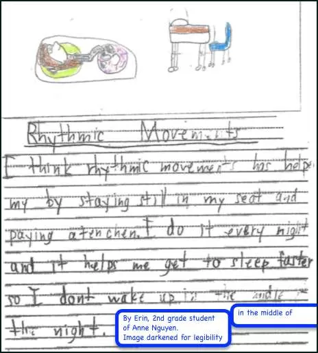 From Erin, 2nd grade child's drawing of doing rhythmic movements. Child's text below drawing: ""I think rhythmic movements has (sic) helped me by staying still in my seat and paying atenchen (sic). I do it every night and it helps me get to sleep faster so I don't wake up in the middle of the night."