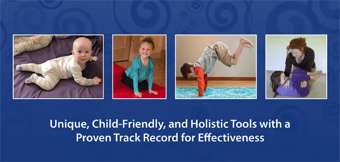 Teal banner with adults and children doing neurodevelopmental movement. Text: Keys to effective sensory processing, learning, physical strength, goal achievement, and emotional wellbeing.