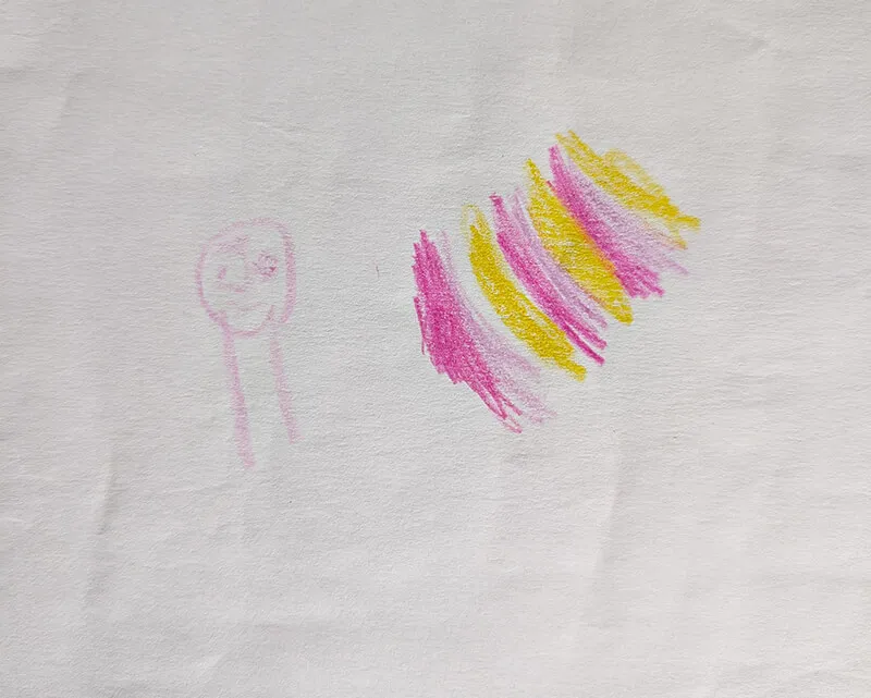 A simple representation of a person -- just a head a two straight lines down for a body. To the right is a series of pink and yellow stripes.