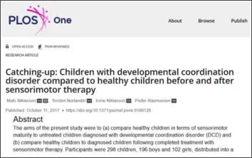Abstract from a scientific journal. Text: Catching-up: Children with developmental coordination disorder compared to healthy children before and after sensorimotor therapy