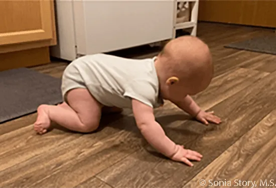 Baby on all fours on the kitchen floor preparing to crawl
