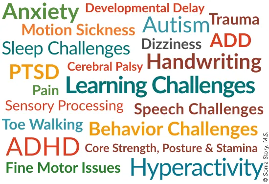 List of conditions that can be addressed using primitive reflex integration. Text: Anxiety, Developmental Delay, Motions sickness, Handwriting, Learnin Challenges, ADHD, Hyperactivity, Depression, Bedwetting, Baldder &amp; Bowel, etc.